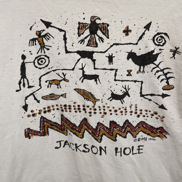 Vintage Jackson Hole HL Miller 1994 T shirt Primitive Native Design EMI Medium - Picture 3 of 8